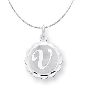 Silver, Sarah Collection 15mm Brocaded Disc Initial V Necklace - 18 In